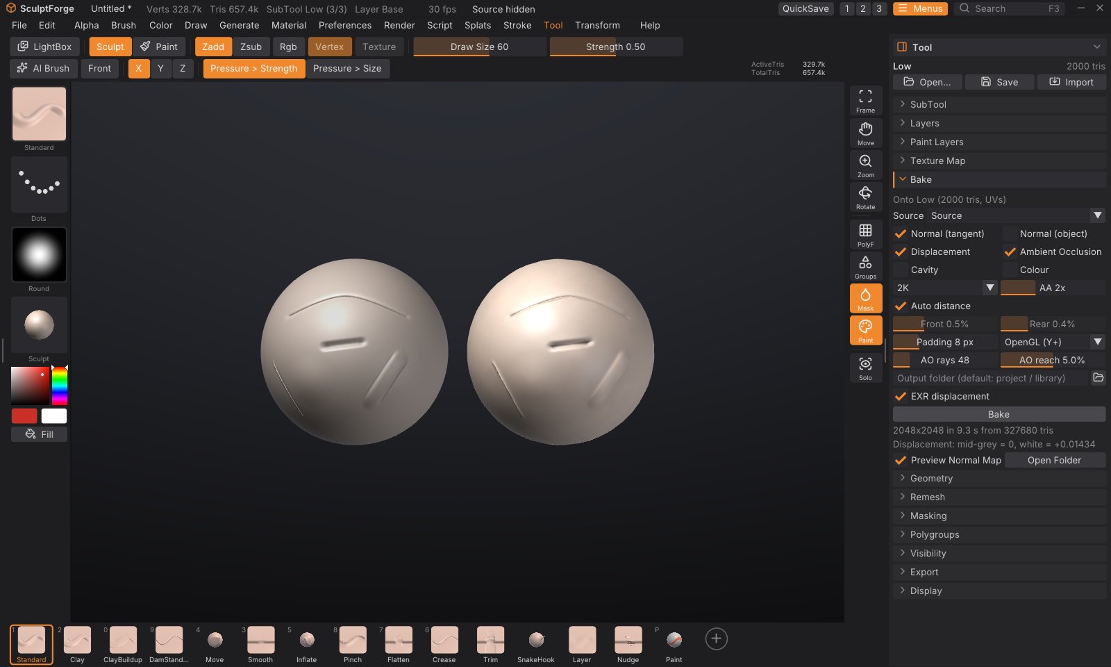 A 330,000-triangle sculpt (left) next to its 2,000-triangle low-poly wearing the baked normal map (right), with Tool > Bake open