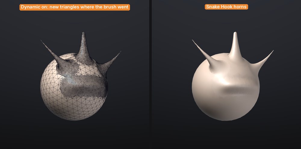 A sphere with horns pulled out by Snake Hook with Dynamic on, in Polyframe and shaded