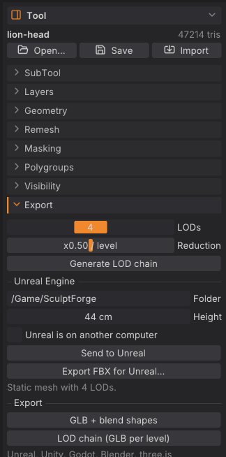 The Export sub-palette with a generated LOD chain