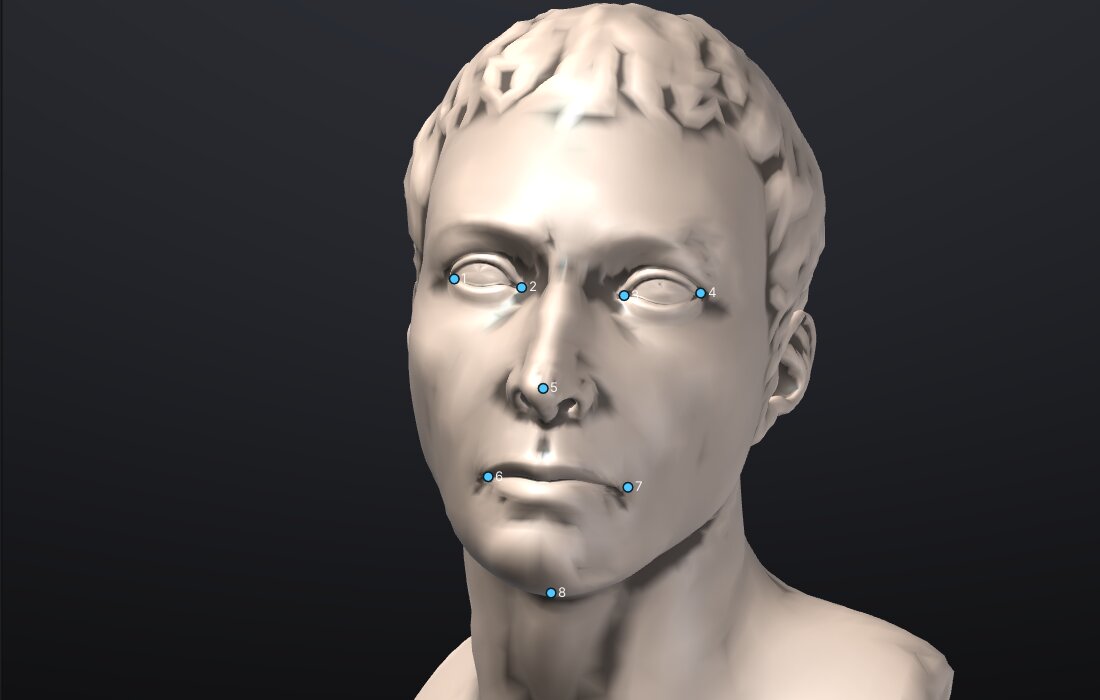 Landmarks found on the marble bust: eye corners, nose tip, mouth corners