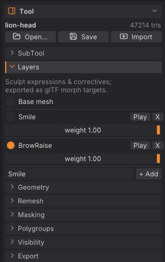 The Layers sub-palette with a base mesh and two blend shapes
