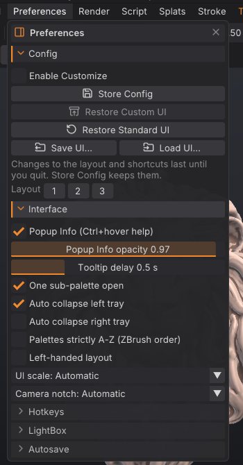 The Preferences palette with the Config and Interface sub-palettes