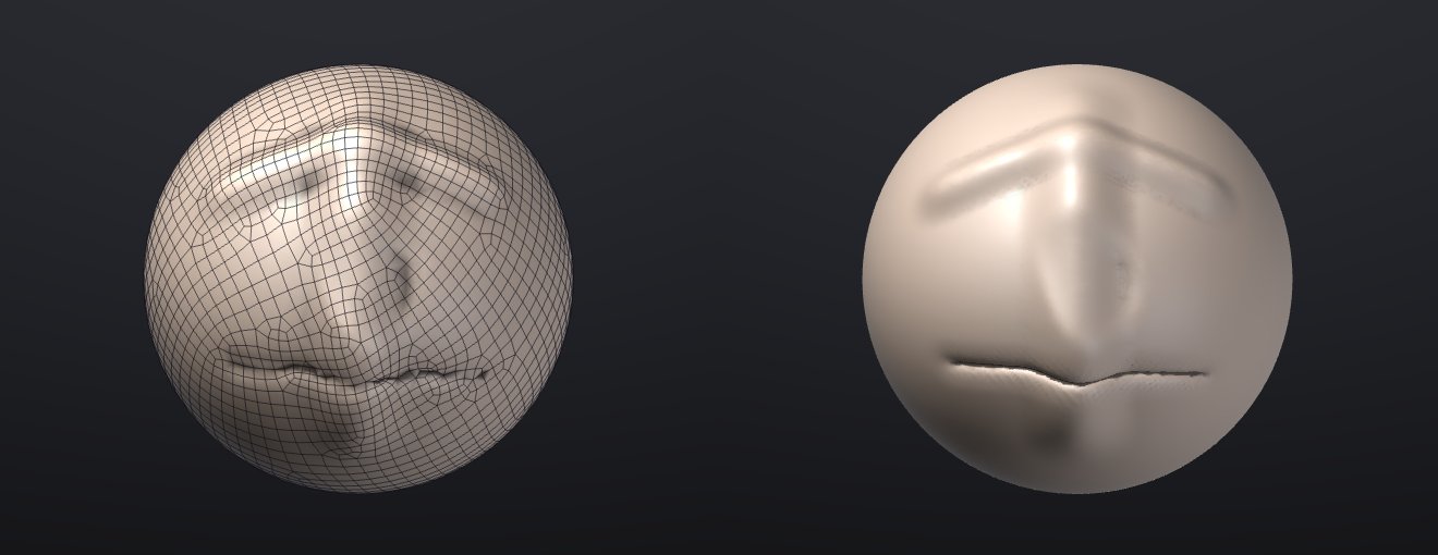 Left: the retopology of a sculpted sphere. Right: divided twice and projected, the ridges and the crease are back