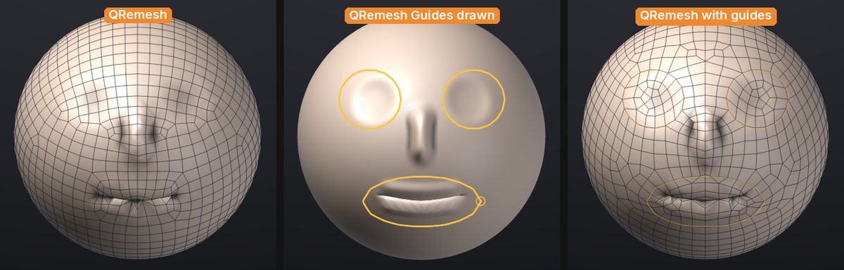 Left: QRemesh on its own. Middle: loops drawn round the eyes and the mouth with QRemesh Guides. Right: QRemesh again, with an edge loop on every curve and rings around them