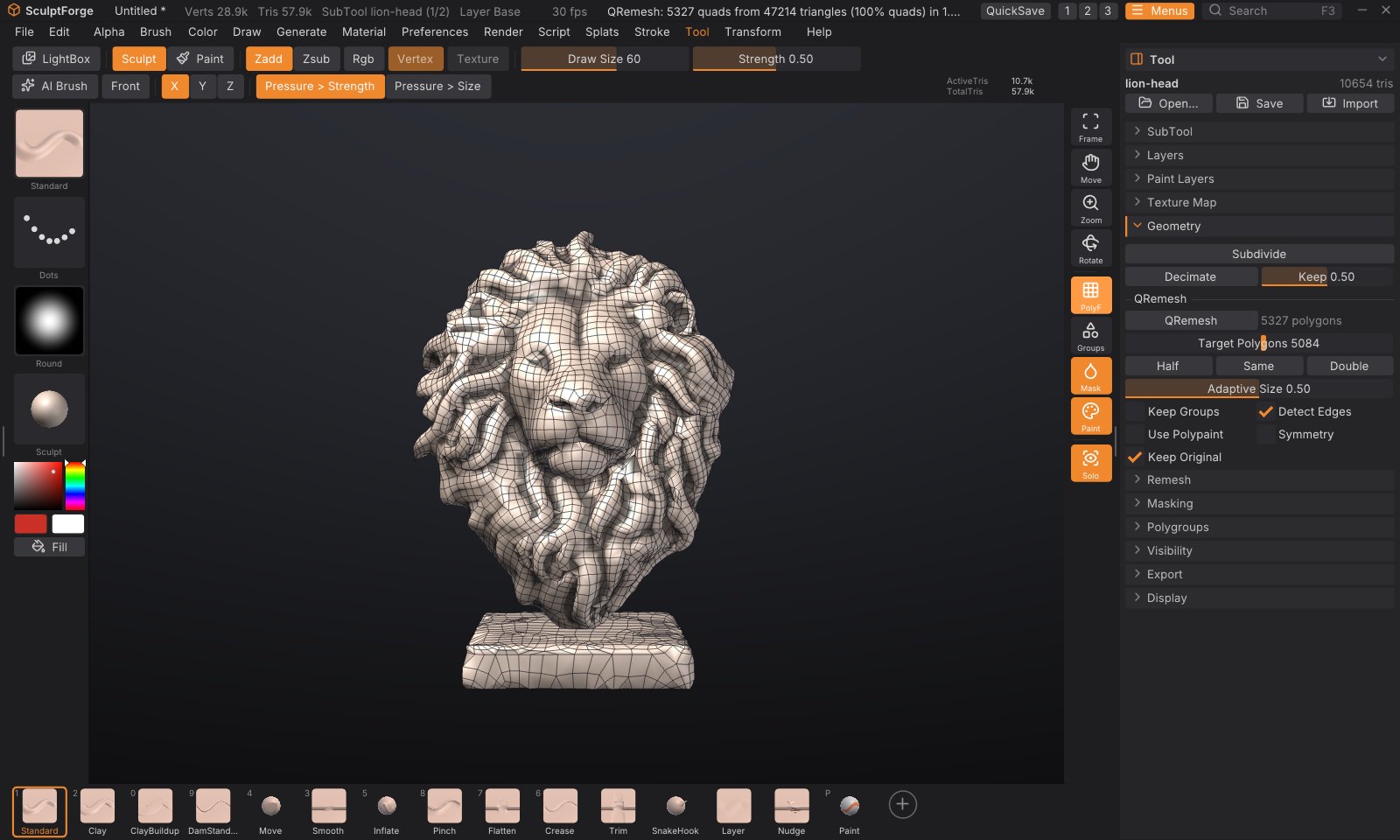 A lion bust after QRemesh: 5,000 quads whose loops follow the mane, shown with PolyF