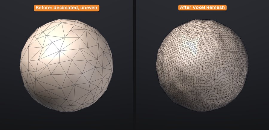 Wireframe of a model before and after a voxel remesh