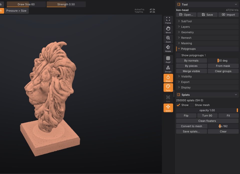 A splat capture loaded next to the sculpt, with the Splats palette in the right tray