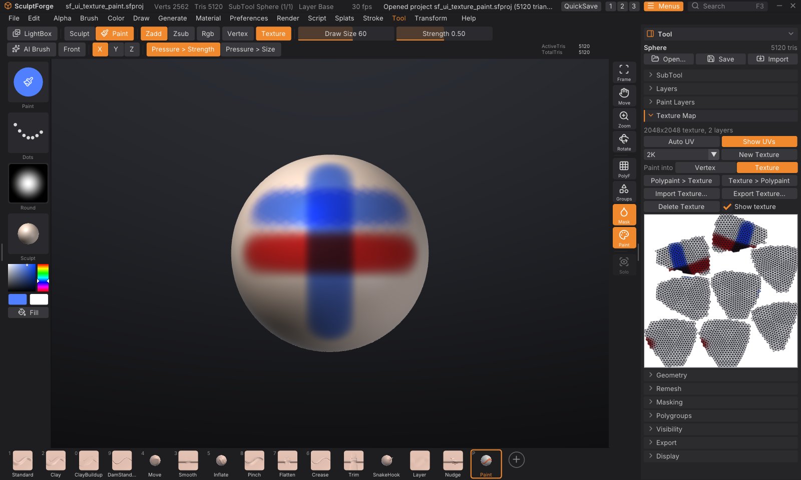 Texture painting: a sharp texture stroke above a soft polypaint stroke, with the UV view in Tool > Texture Map